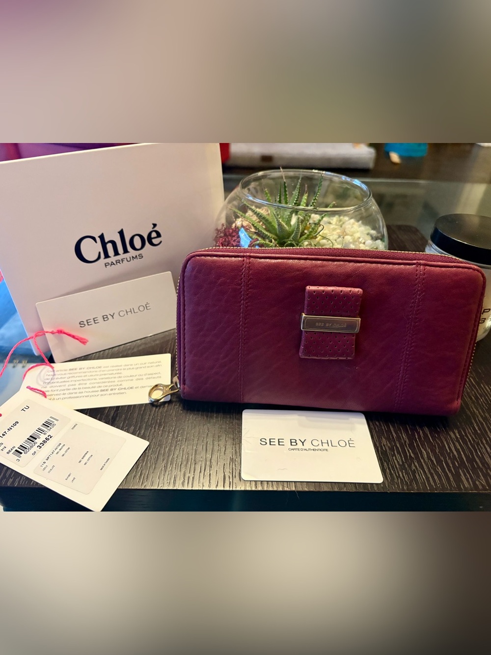 See By Chloe NWT Plum Leather Zip-Around Wallet With Perforated Silver Bow